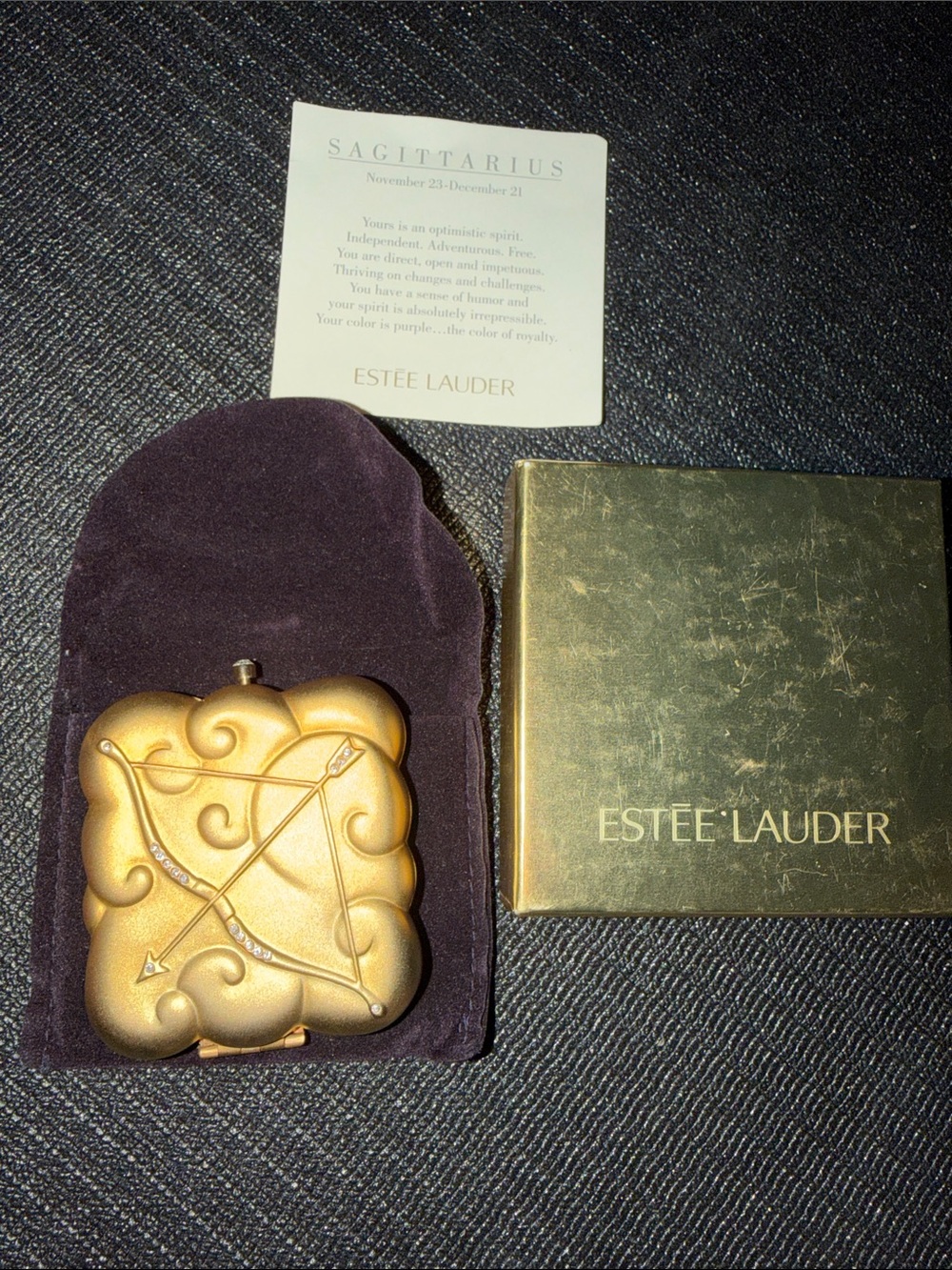 Vintage Estee Lauder Gold-tone Zodiac Compact with Sagittarius Motif